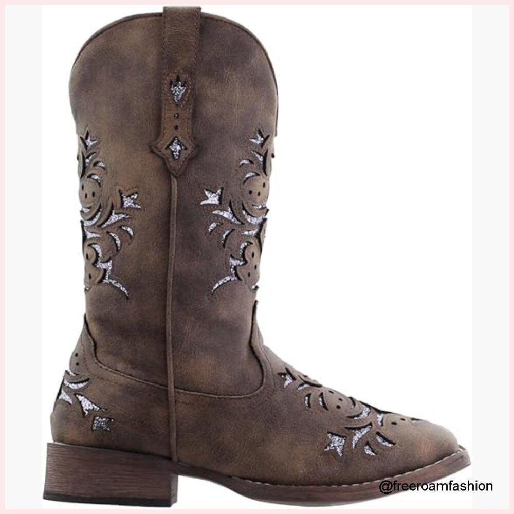 Mid-Calf Western Boots Square Toe Pull-On Glitter Tooled Inlay Casual